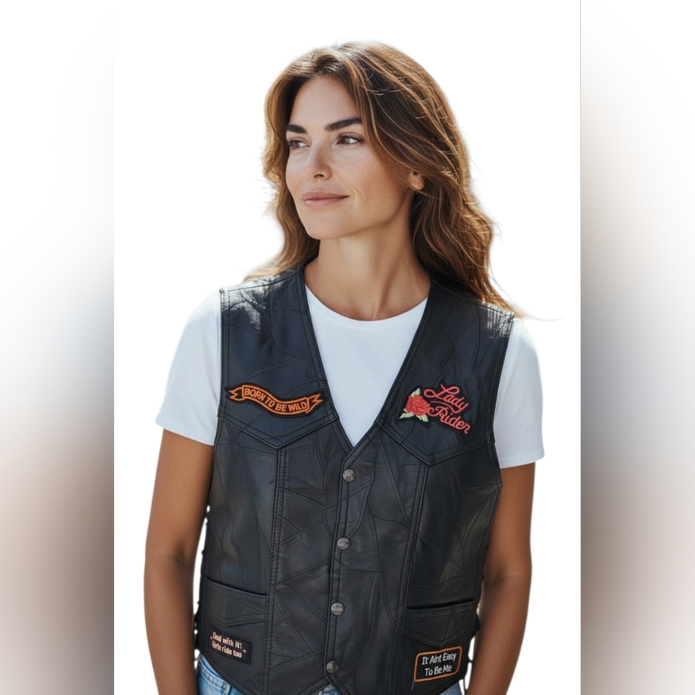 Diamond Plate Patch Leather Vest Women M Black Patches Lace Up Sides Button Up